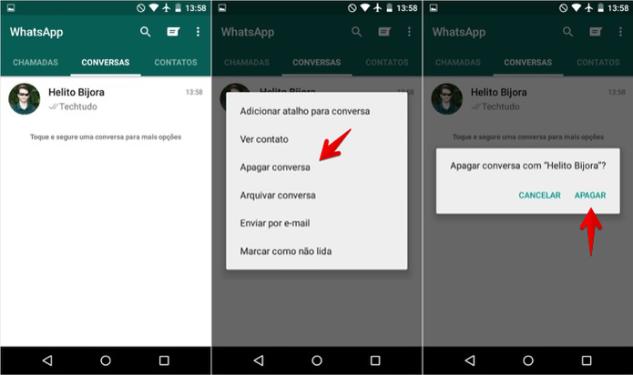 Apagando uma conversa no WhatsApp para Android (Foto: Reprodução/Helito Bijora) Apagando uma conversa no WhatsApp para Android (Foto: Reprodução/Helito Bijora)