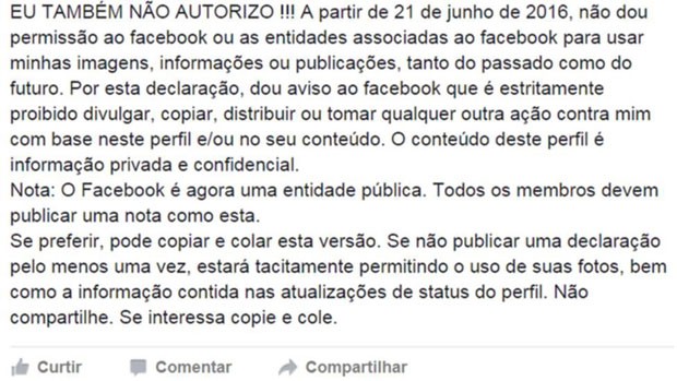 Declaração circula desde 2012 no Facebook, mas não tem qualquer efeito prático. (Foto: BBC)