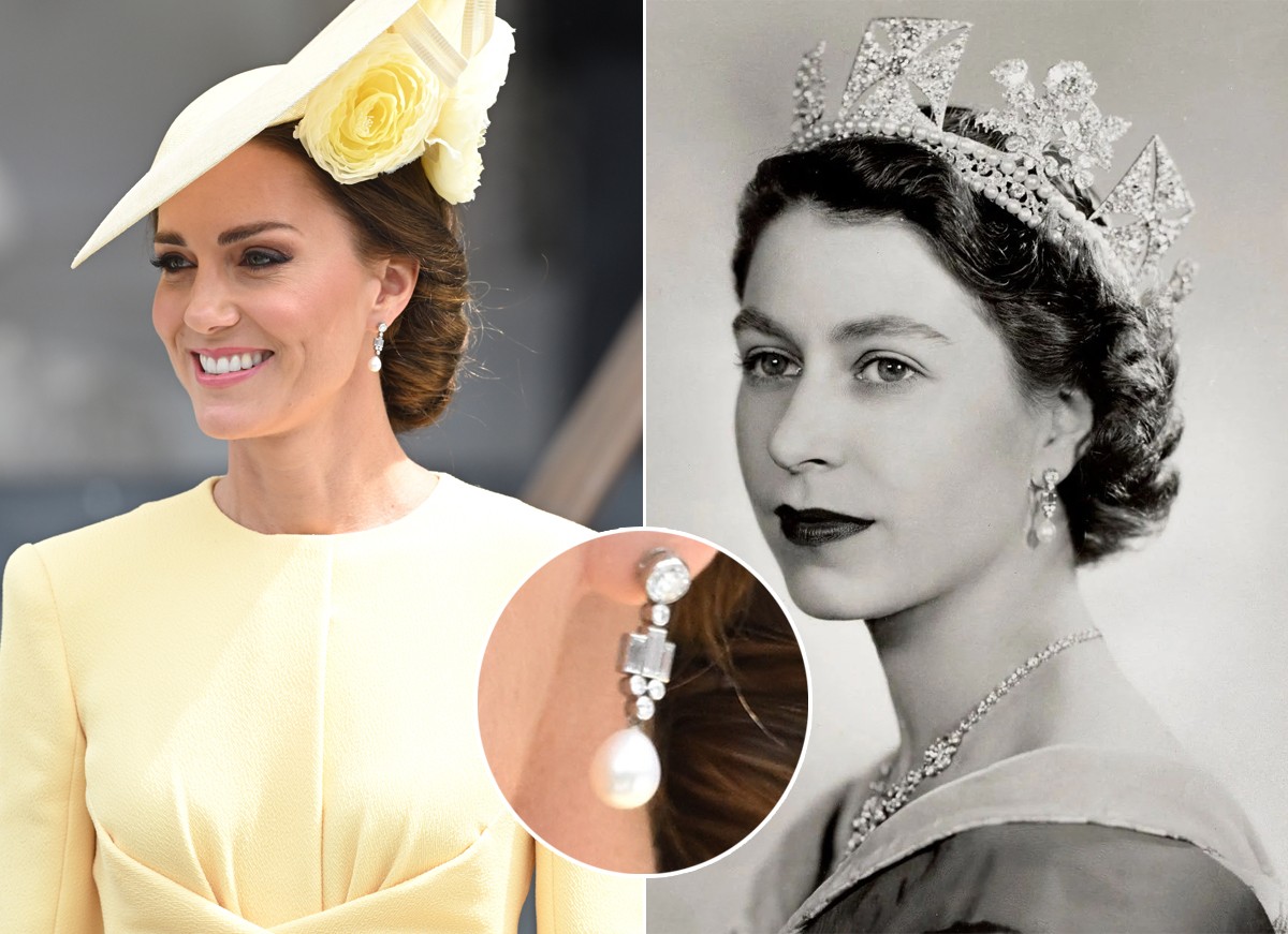 Kate Middleton usou brincos da Rainha Elizabeth nos eventos do Jubileu de Platina (Foto: Getty Images e Royal Collection Trust)