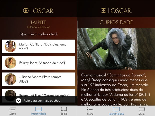 Aplicativo Globo traz enquetes e informações sobre o Oscar 2015 (Foto: Reprodução/Globo)