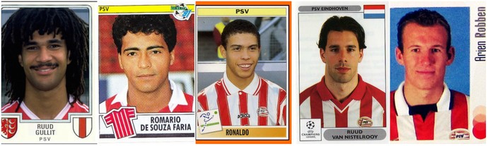 Figurinhas dos craques do PSV, em ordem cronológica: Gullit, Romário, Ronaldo, Van Nilsterooy e Robben (Foto: Reprodução internet)