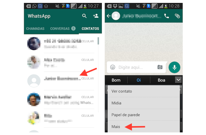 Acessando as opções extras para um contato do WhatsApp no Android (Foto: Reprodução/Marvin Costa) Acessando as opções extras para um contato do WhatsApp no Android (Foto: Reprodução/Marvin Costa)