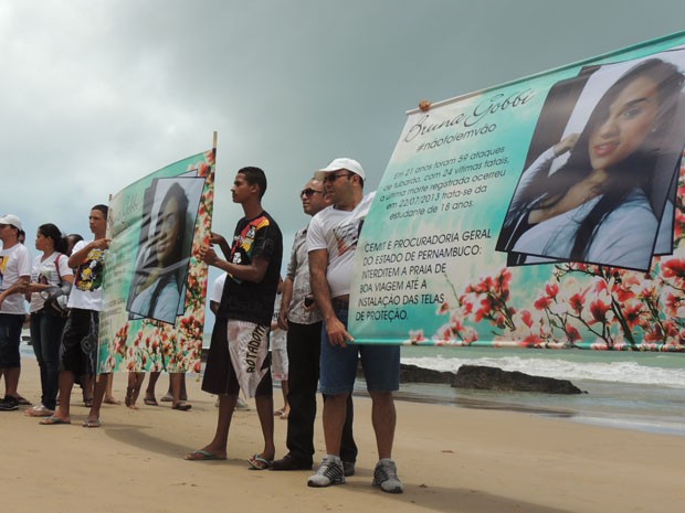 Parentes de Bruna Gobbia levaram banners e panfletos para a Praia de Boa Viagem, no Recife (Foto: Vitor Tavares / G1)