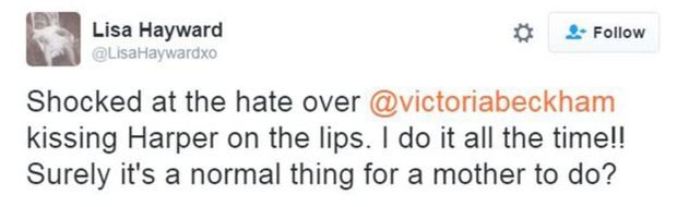 "Chocada com o ódio com Victoria beijando Harper nos lábios. Faço isso o tempo todo! Certamente é algo normal para uma mãe." (Foto: Twitter) "Chocada com o ódio com Victoria beijando Harper nos lábios. Faço isso o tempo todo! Certamente é algo normal para uma mãe." (Foto: Twitter)