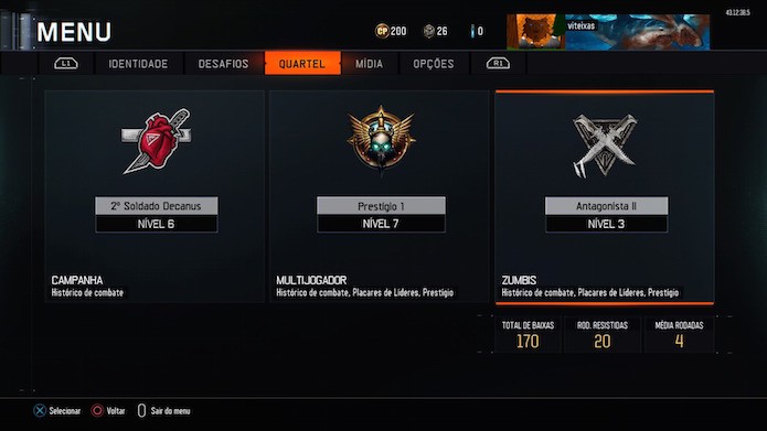 Call of Duty: Black Ops 3: acesse a aba Quartel a partir do menu (Foto: Reprodução/Victor Teixeira)