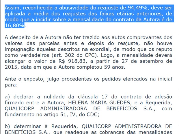 Decisão da Justiça do DF que barra reajuste de plano de saúde (Foto: Reprodução)