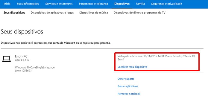 Microsoft mostra lista de dispositivos conectados à conta e última localização do PC (Foto: Reprodução/Elson de Souza)
