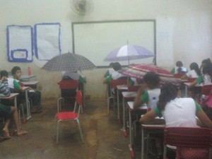 Foto mostra alunos com guarda-chuvas dentro de sala de aula (Foto: Uiliene Santa Rosa)