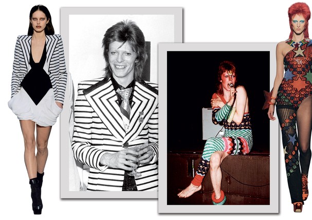 Na moda: O blazer que Bowie usava fora dos palcos ressurgiu na coleção do verão 2010 da e, à direita, look de Jean Paul Gaultier (verão 2013) inspirado em Ziggy (Foto: © Mick Rock, Getty Images, Divulgação e Reprodução)