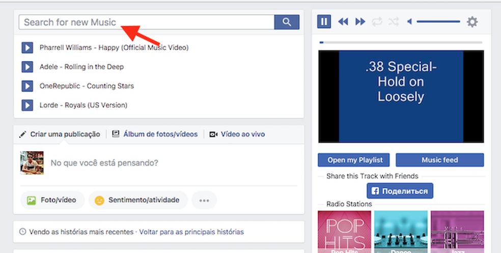 Opção para pesquisar músicas dentro do Facebook com o player da extensão Music for Facebook (Foto: Reprodução: Marvin Costa)