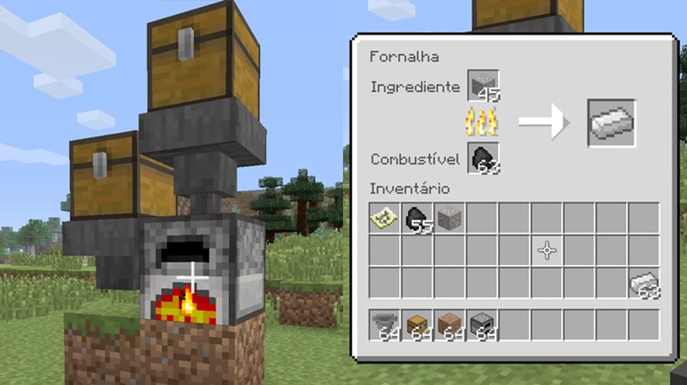 Ao combinar todas as técnicas anteriores é possível criar um fogão automatizado em Minecraft graças ao Funil (Foto: Reprodução/Rafael Monteiro)