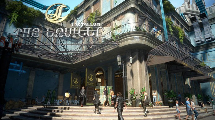Cidade de Lestallum em Final Fantasy 15 exibe o visual que mistora moderno e fantasioso no jogo (Foto: Reprodução/IGN)