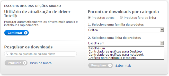 Página principal do centro de downloads da Intel (Foto: Reprodução/Helito Bijora)