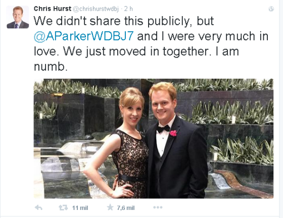 O namorado da jornalista Alison Parker compartilhou uma foto dos dois juntos no Twitter e afirmou: "Nós não compartilhamos isso publicamente, mas Alison e eu estávamos muito apaixonados. Nós tínhamos acabado de começar a morar juntos.Eu estou estarrecido" (Foto: Reprodução/Twitter)