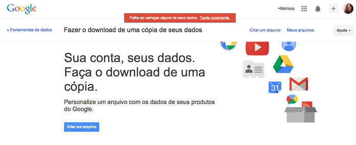 Google Takeout mostra mensagem de erro após tentar download de dados do Orkut (Foto: Reprodução/Google) Google Takeout mostra mensagem de erro após tentar download de dados do Orkut (Foto: Reprodução/Google)
