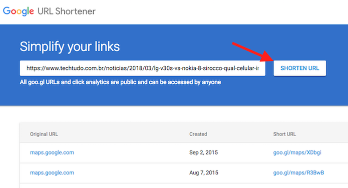 Ação para encurtar uma URL usando o serviço Google URL Shortener (Foto: Reprodução/Marvin Costa) Ação para encurtar uma URL usando o serviço Google URL Shortener (Foto: Reprodução/Marvin Costa)