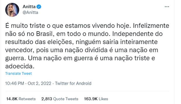 Publicação de Anitta (Foto: Reprodução/Twitter) Publicação de Anitta (Foto: Reprodução/Twitter)