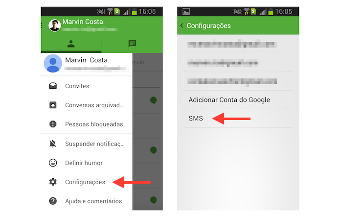 Acessando as configurações de SMS do Hangouts no Android (Foto: Reprodução/Marvin Costa)