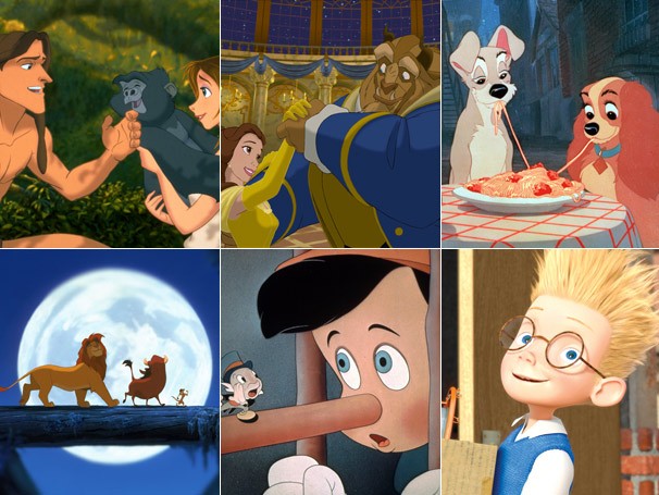 Na foto: 'Tarzan', 'A Bela e a Fera', 'A Dama e o Vagabundo', 'O Rei Leão', 'Pinóquio' e 'A Família do Futuro' (Foto: Divulgação / Disney)