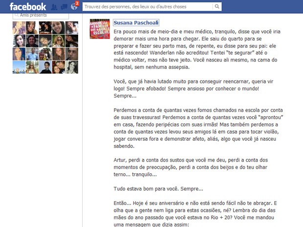 Carta postada por Susana Paschoali em lembrança ao 20º aniversário do filho, desaparecido no Peru (Foto: Facebook/Reprodução)