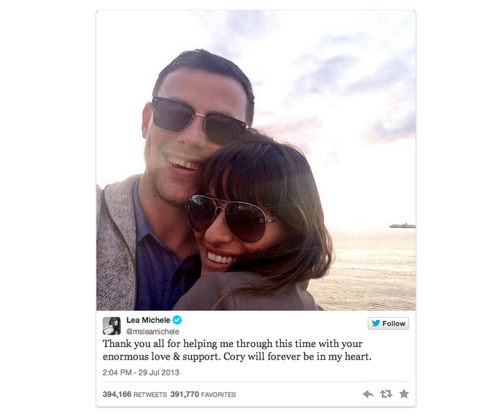 Post da atriz Lea Michele em homenagem ao namorado Cory (Foto: Reprodução/Twitter) Post da atriz Lea Michele em homenagem ao namorado Cory (Foto: Reprodução/Twitter)
