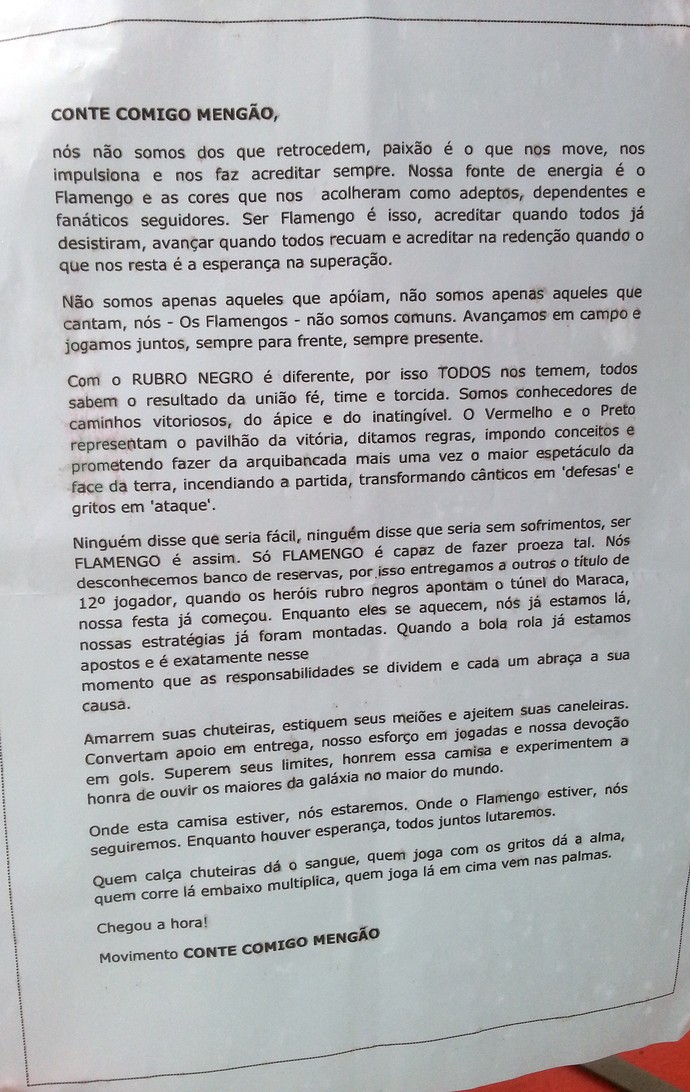 torcida carta para jogadores flamengo (Foto: Thales Soares)
