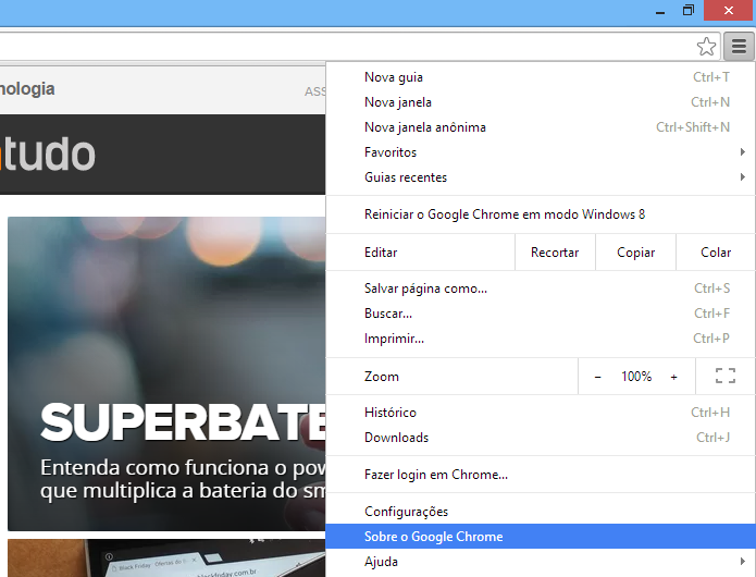 Acesse o menu do Chrome para saber a versão do navegador (Foto: Reprodução/Helito Bijora) 