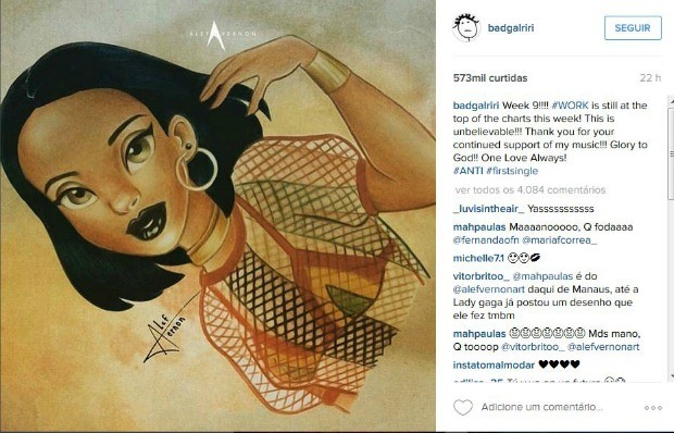 Rihanna usou desenho feito pelo amazonense Alef Vernon; postagem já tem mais de 570 mil curtidas (Foto: Reprodução) Rihanna usou desenho feito pelo amazonense Alef Vernon; postagem já tem mais de 570 mil curtidas (Foto: Reprodução)