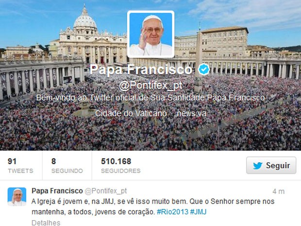 Papa escreveu nesta terça-feira no microblog que 'Igreja é jovem' (Foto: Reprodução/Twitter)