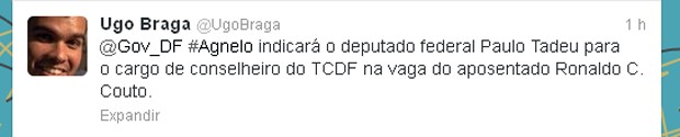 Ugo Braga anuncia que GDF vai indicar Paulo Tadeu para vaga no Tribunal de Contas (Foto: Reprodução)