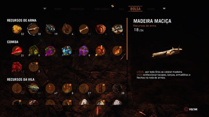 Far Cry Primal: acesse a aba Bolsa para conhecer os seus recursos armazenados (Foto: Reprodução/Victor Teixeira)