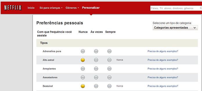 Ao preencher as preferências, o usuário permite ao Netflix sugerir conteúdos mais adequados (Foto: Reprodução/Netflix)
