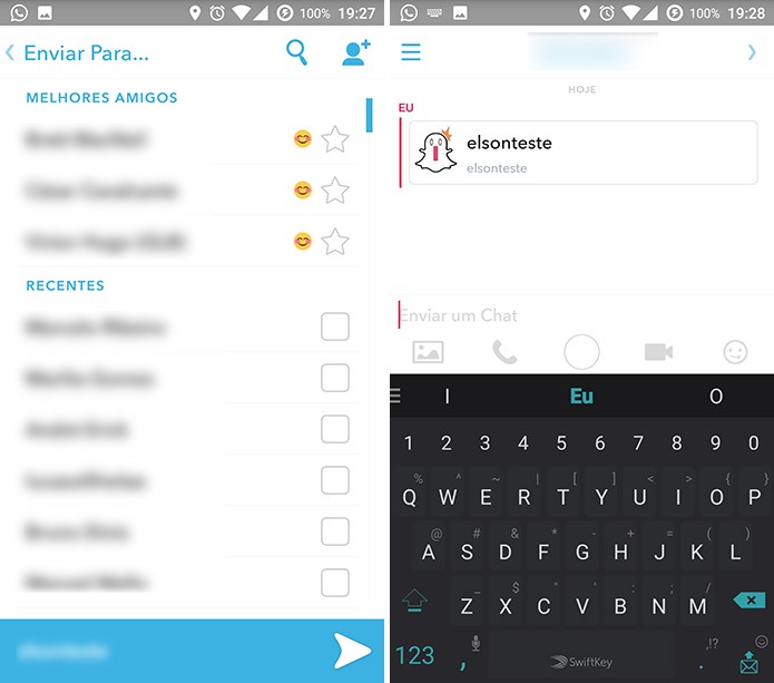 Contato compartilhado no Snapchat poderá ser adicionado facilmente pelo destinatário (Foto: Reprodução/Elson de Souza)