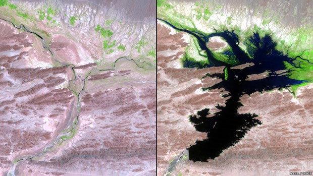 A represa de Mirani, no sul do Paquistão, foi finalizada em 2006, para prover água potável, irrigação e energia elétrica. A imagem à esquerda mostra a região antes da construção da represa; à direita, a represa em 2011, com o avanço agrícola propiciado pela água (Foto: Nasa)