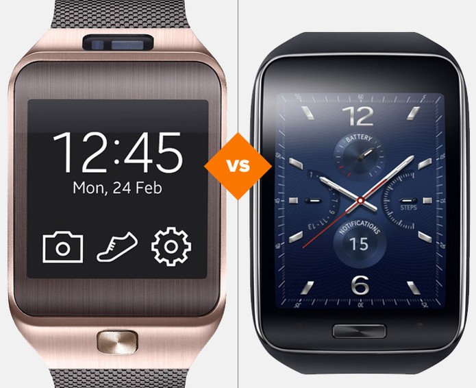 Gear 2 e Gear S, smartwatches da Samsung, lado a lado (Foto: Arte/TechTudo) Gear 2 e Gear S, smartwatches da Samsung, lado a lado (Foto: Arte/TechTudo)