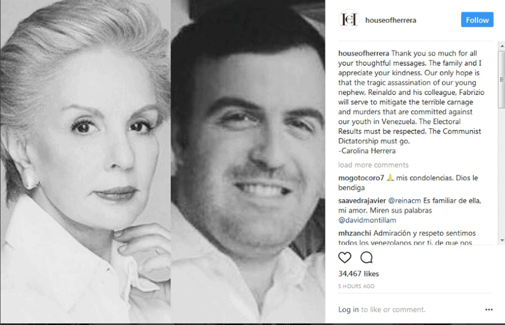 A estilista venezuelana Carolina Herrera postou em sua conta no Instagram uma homenagem ao sobrinho morto (Foto: Reprodução/Instagram/@houseofherrera)