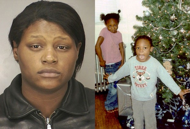 Leatrice Brewer ao ser presa e seus filhos antes da morte (Foto: Nassau County Police Department/AP)