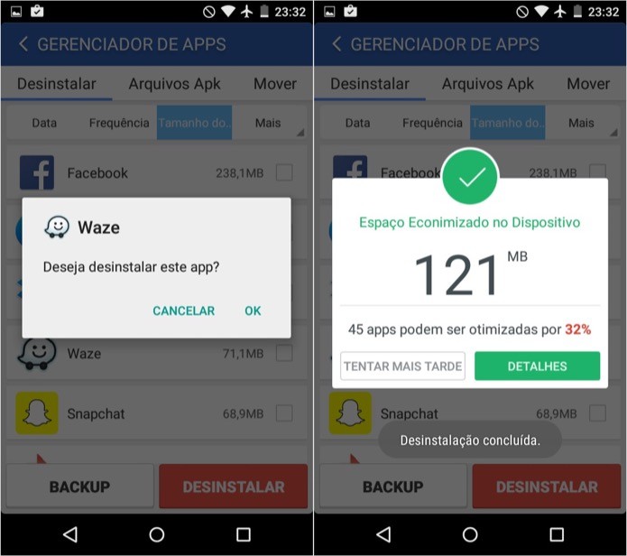 Espaço liberado com a desinstalação dos apps (Foto: Reprodução/Helito Bijora)