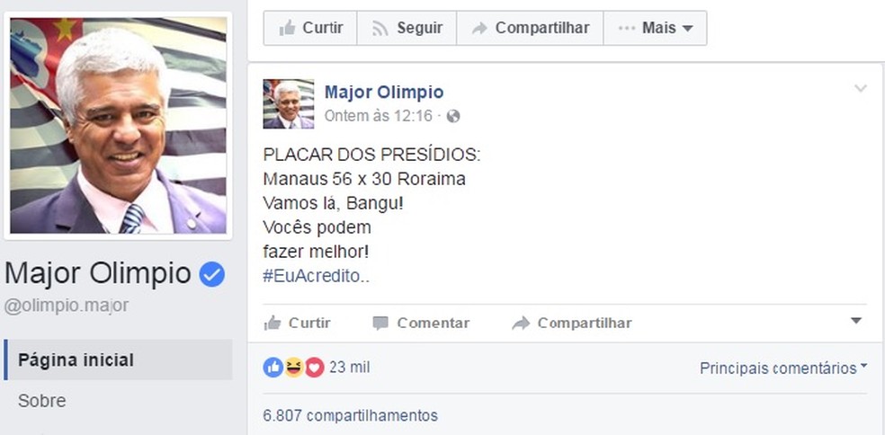 Publicação do deputado federal Major Olímpio (SD-SP) em rede social na qual faz placar com as mortes de presidiários em Manaus e Roraima (Foto: Reprodução/Facebook)