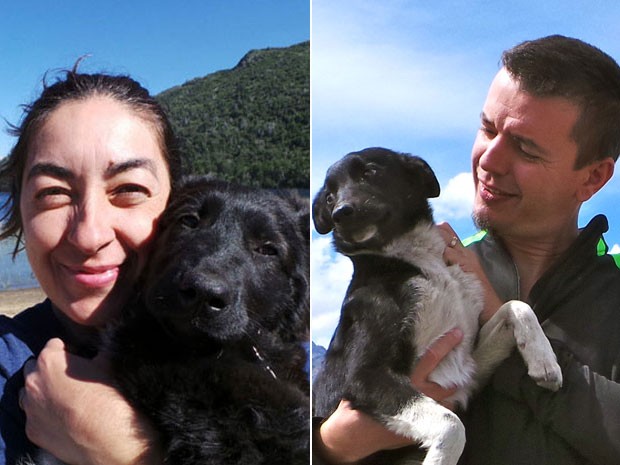 Eleni e Sérgio com cães que ajudaram pelo caminho na viagem à Patagônia (Foto: Projeto Mundo Cão/Divulgação)