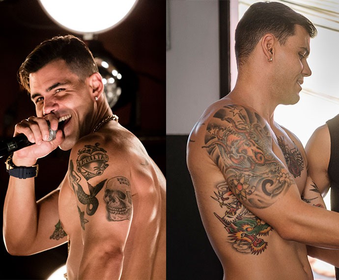 Com o pouco figurino de Merlõ, ficam evidentes as cerva de dez tatuagens do ator (Foto: TV Globo / Tata Barreto e Caiuá Franco)