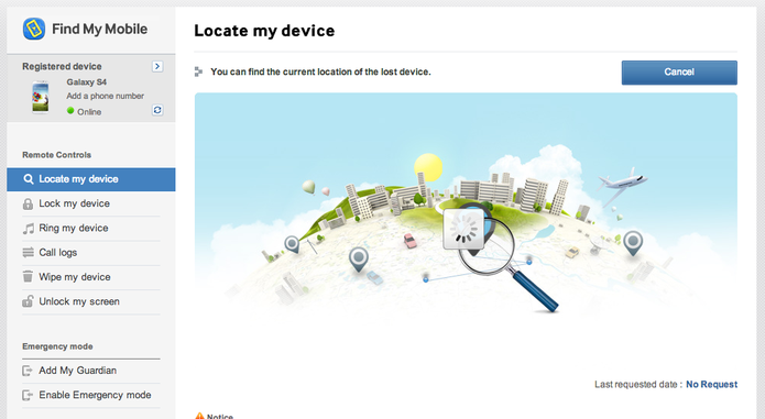 Serviço da Samsung para localizar o Galaxy S4 (Foto: Reprodução) Serviço da Samsung para localizar o Galaxy S4 (Foto: Reprodução)