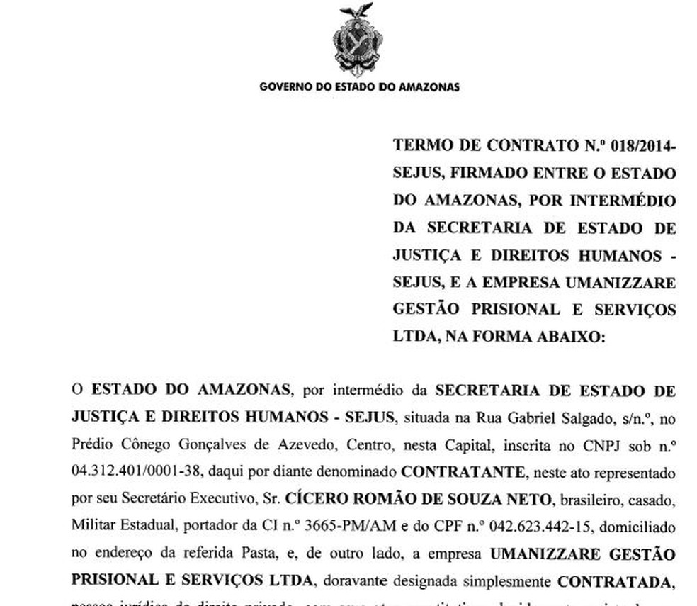Contrato de 2014 entre governo do Amazonas e Umanizzare específico para a gestão do Compaj (Foto: Reprodução/G1)
