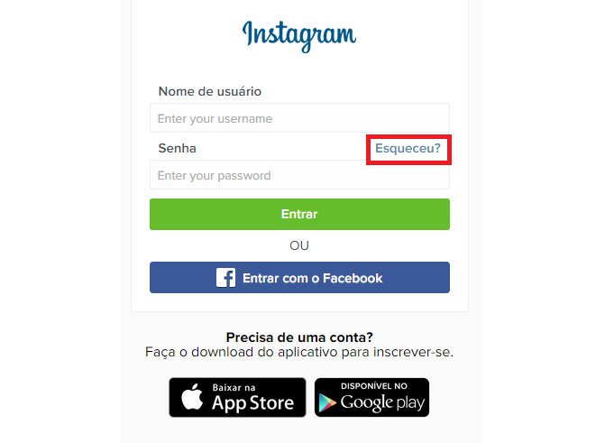 Clique em "esqueceu" para recuperar a senha do Instagram pelo desktop (Foto: Reprodução/Isabela Giantomaso) Clique em "esqueceu" para recuperar a senha do Instagram pelo desktop (Foto: Reprodução/Isabela Giantomaso)