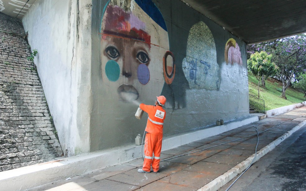 Sem equipamentos adequados, homens da prefeitura apagam somente a metade dos grafites na Avenida 23 de Maio (Foto: Marcelo S. Camargo/Framephoto/Estadão Conteúdo)