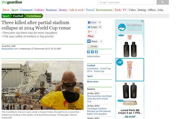 Reportagem do inglês 'Guardian' fala sobre o acidente no estádio da Copa (Foto: Reprodução/Guardian)
