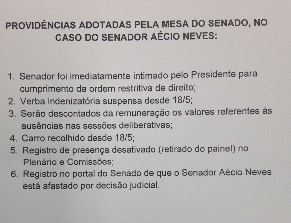 Em nota de esclarecimento, Senado informa que salário de Aécio Neves será mantido, mas terá desconto (Foto: Reprodução/Senado)