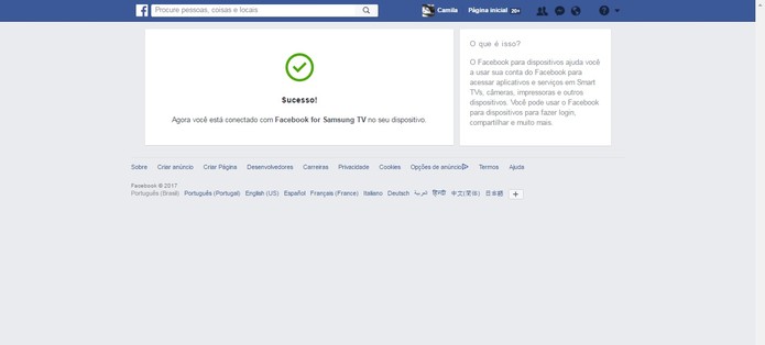 Sua conta do Facebook está conectada com a TV (Foto: Reprodução/Camila Peres)