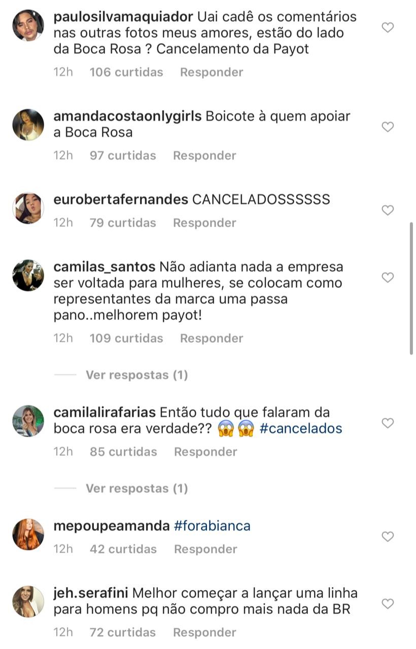 Comentários  sobre Bianca Andrade, a.k.a. Boca Rosa, no Instagram da Payot (Foto: Reprodução/Instagram)
