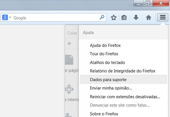 No menu ajuda, escolha a opção Dados Para Suporte (Foto: Reprodução)